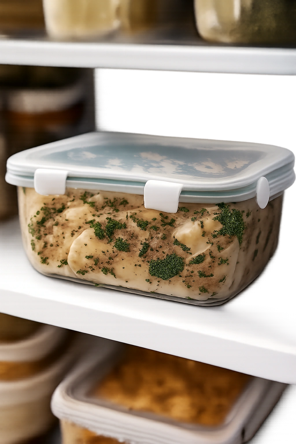Leftovers stored in airtight container in the fridge