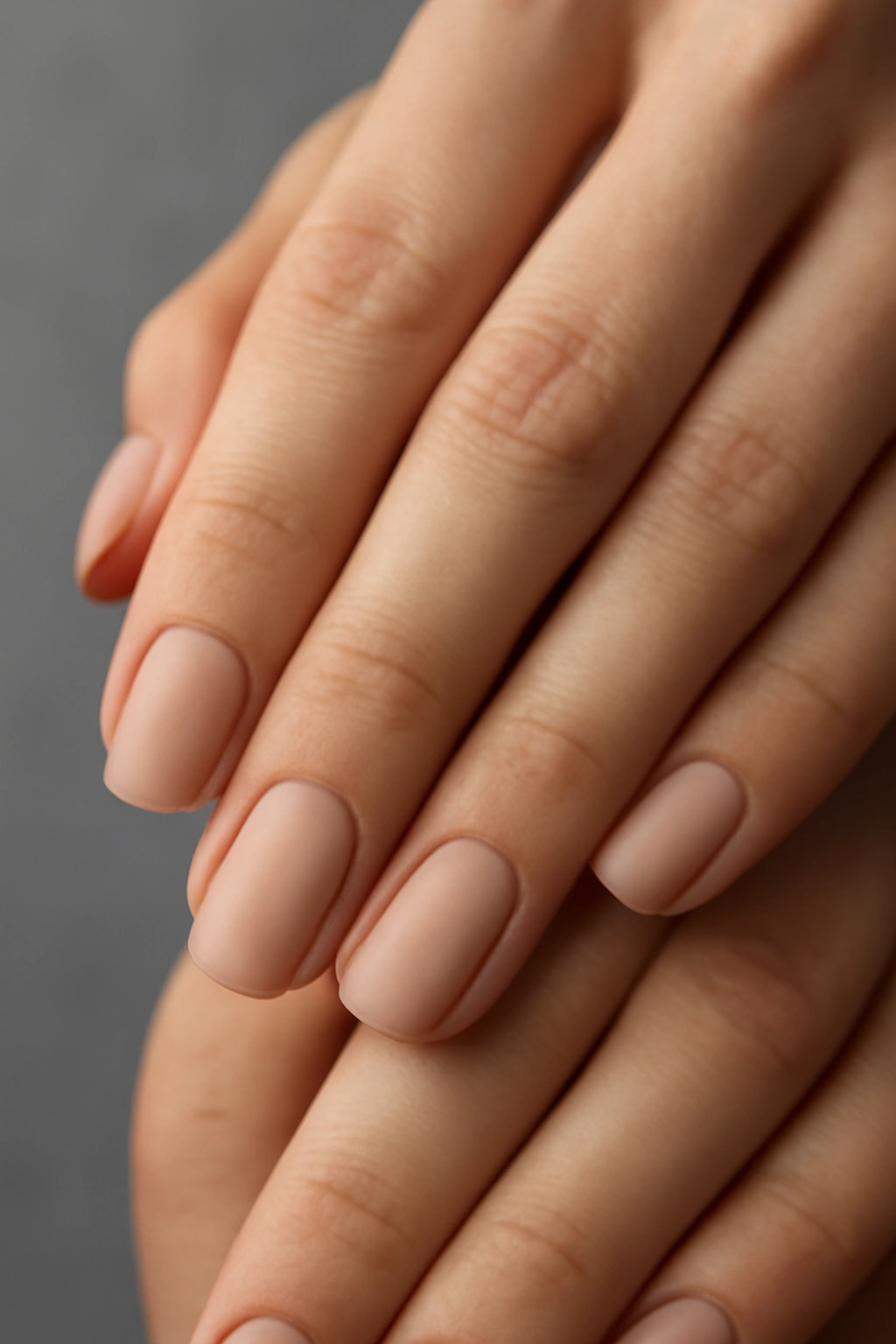 Close-up of hands with matte nude nails featuring a velvety finish