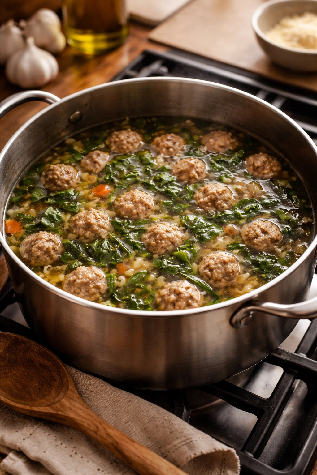 Pot of Italian Wedding Soup with small meatballs simmering in clear broth