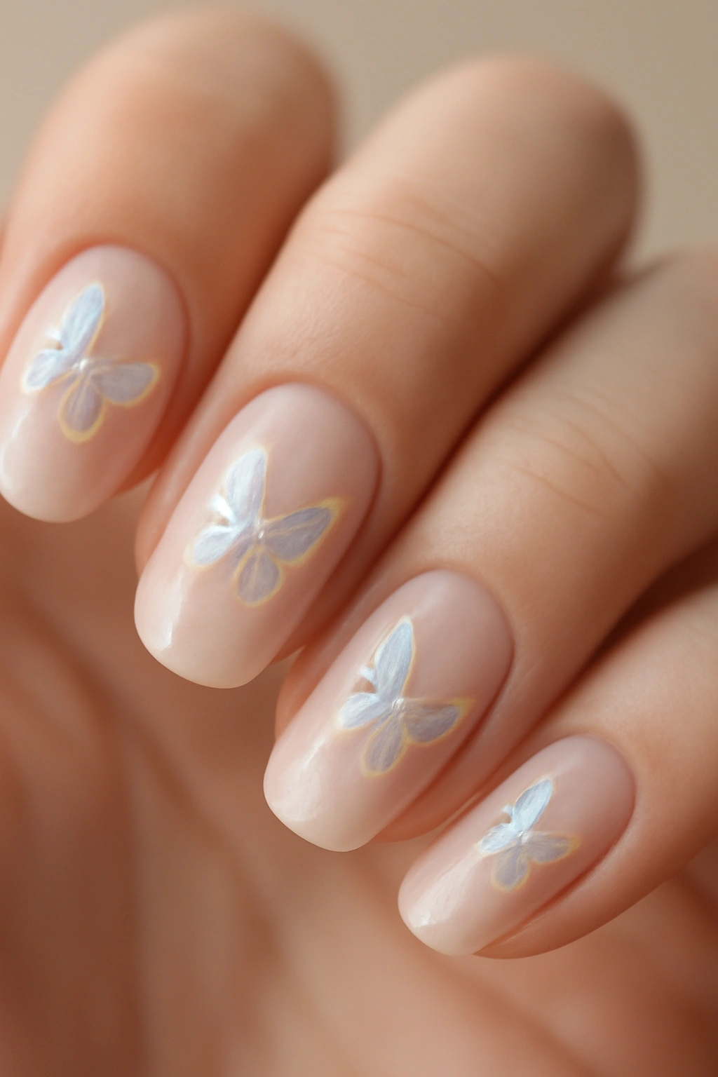 Close-up of milky nails with iridescent butterfly stickers on a soft neutral background