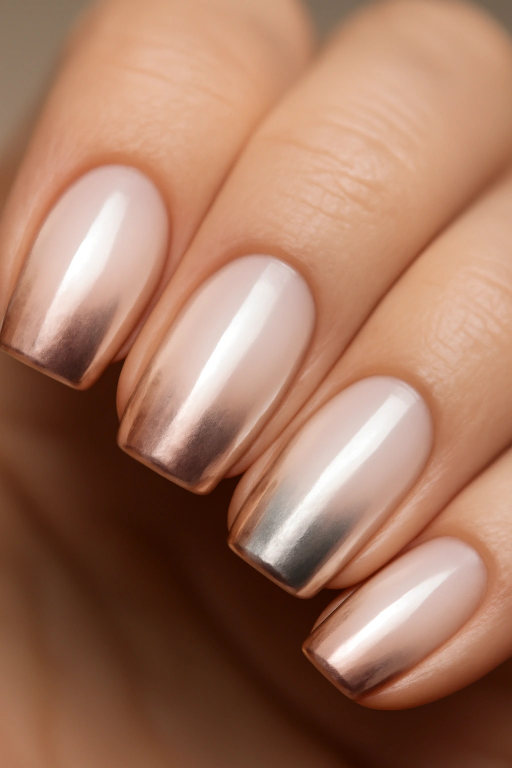 Milky nails with chrome powder on milky base showing reflective chrome