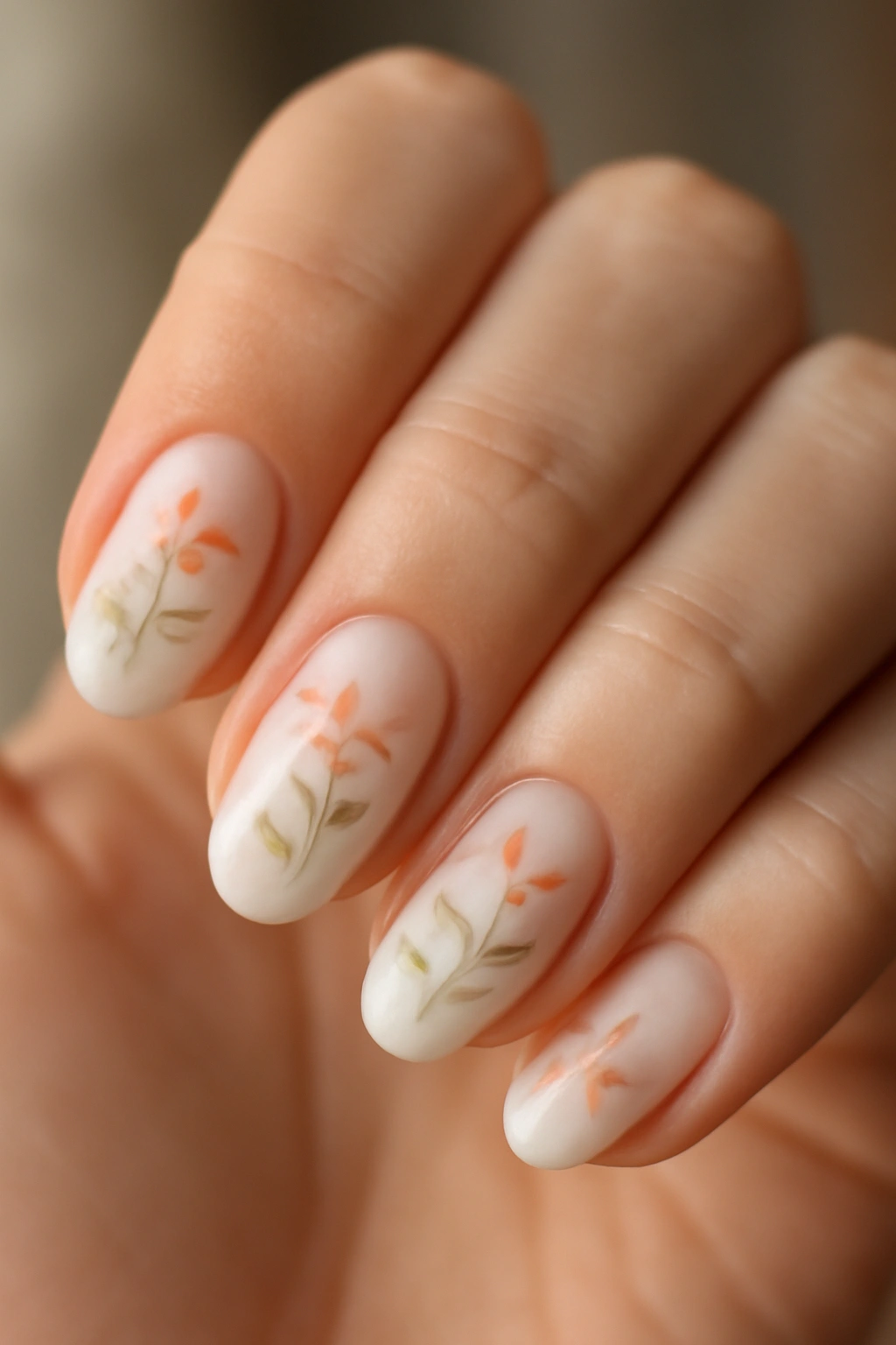 Close-up of milky nails with delicate floral art