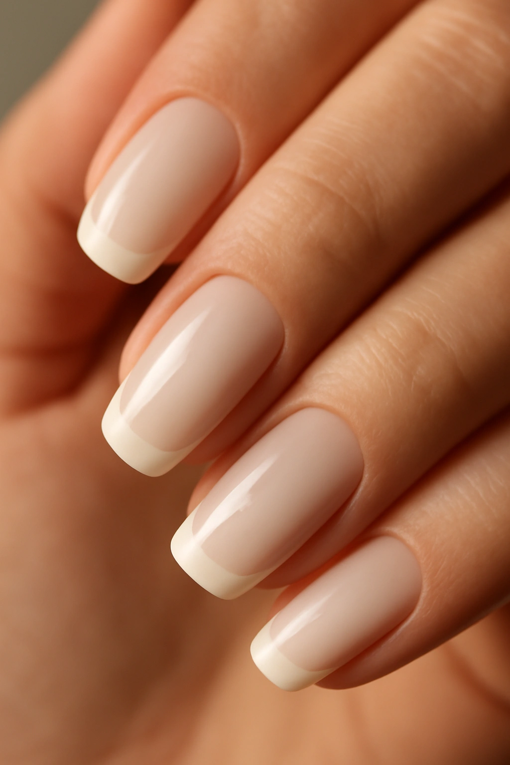 Close-up of milky nails with soft cream French tips