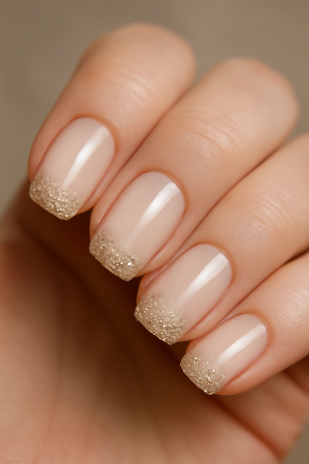 Milky nails with glitter tips on a milky base