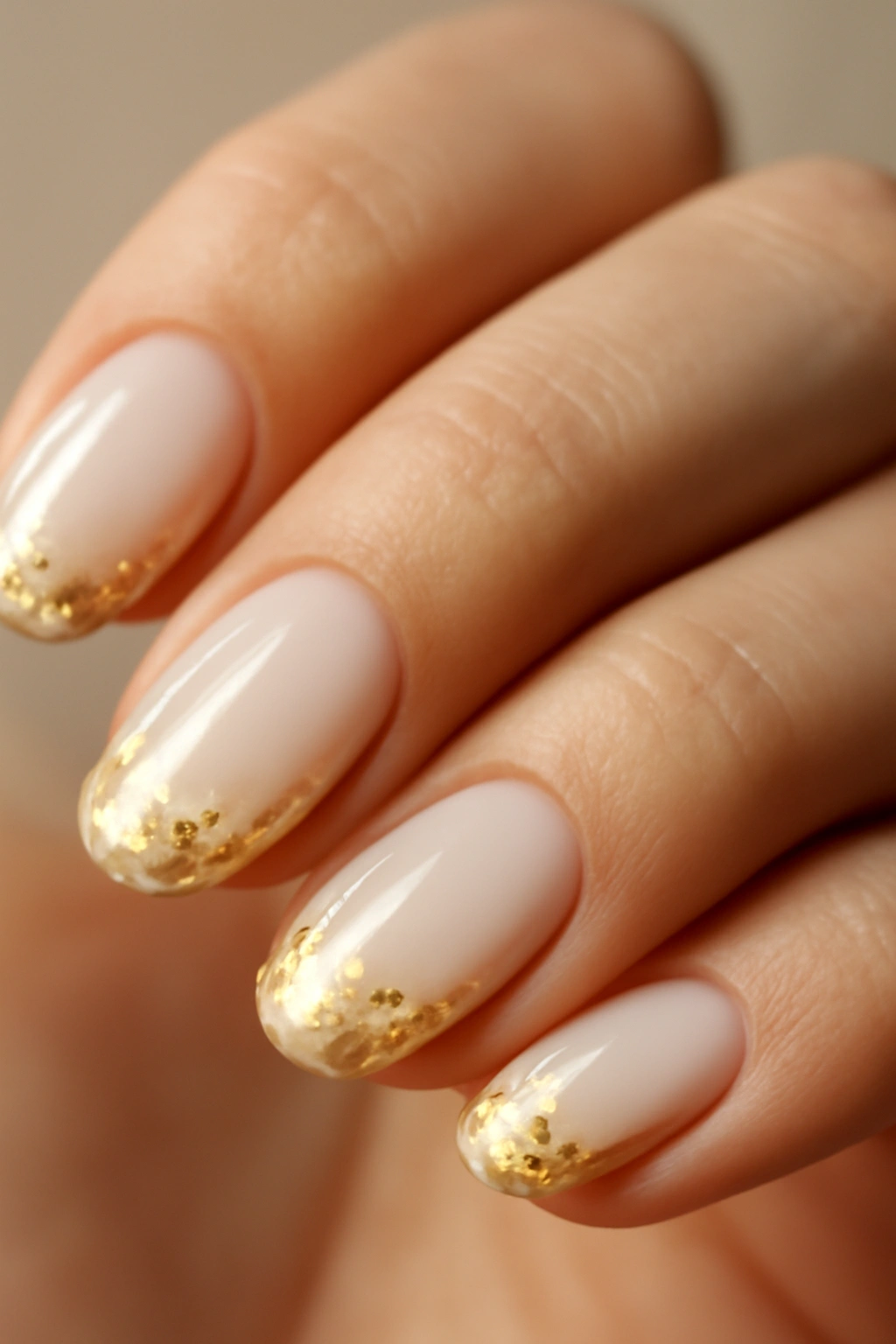Close-up of milky nails with gold foil accents