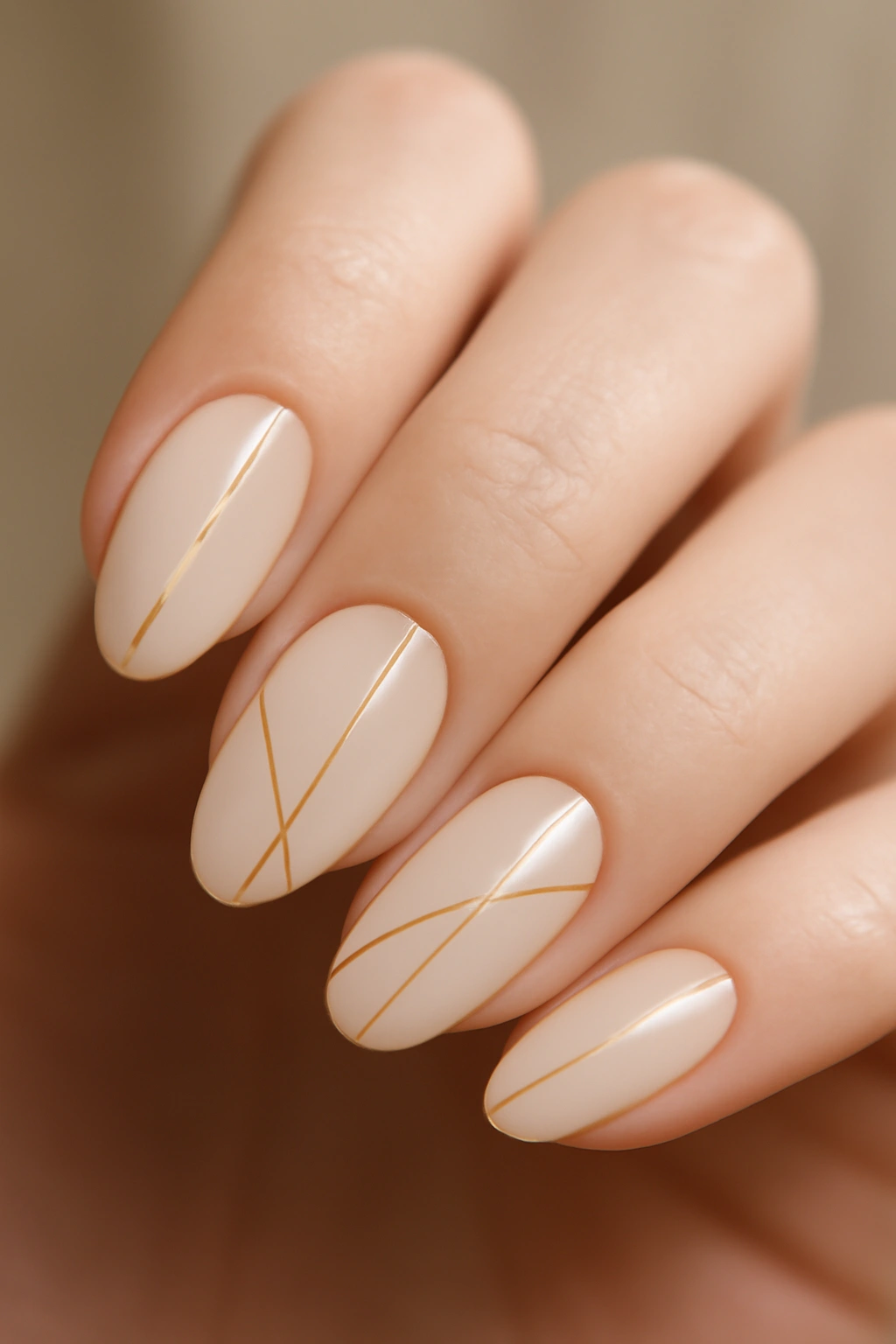 Close-up of milky nails with minimalist gold line art on a neutral background