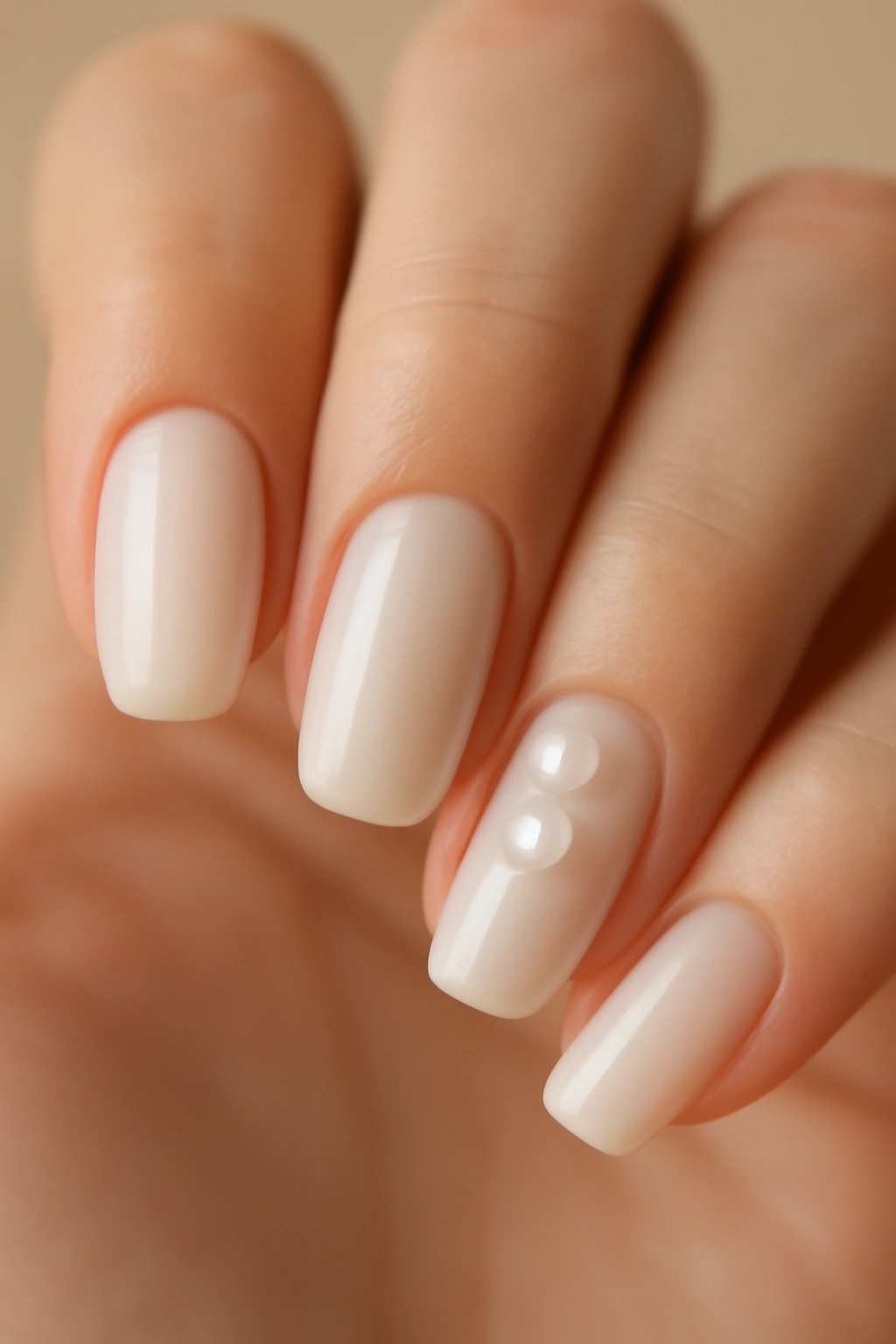 Close-up of milky nails with pearl details on a soft neutral background