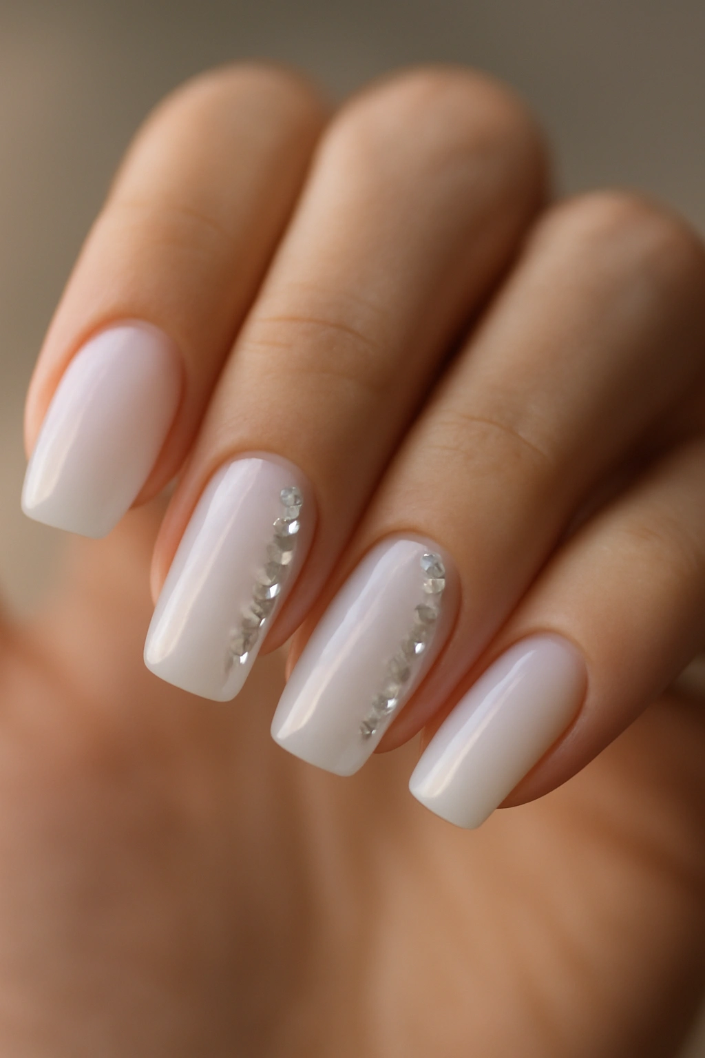 Close-up of milky nails with rhinestones on a neutral background