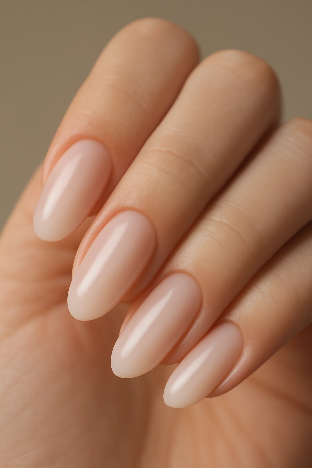 Close-up of milky nude nails with translucent polish on natural nails, soft luminous finish
