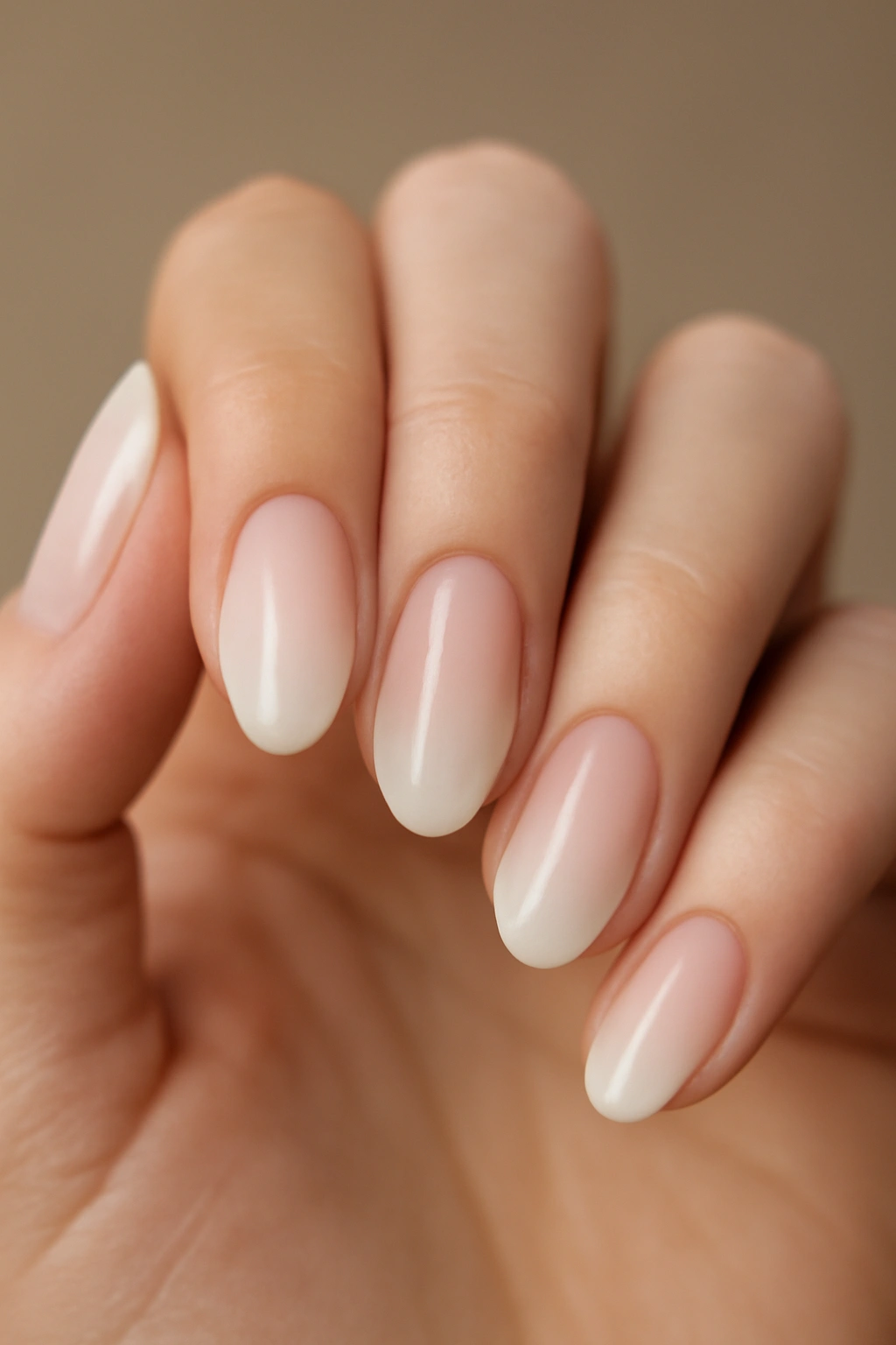 Close-up of milky ombre nails with a soft gradient from white to pink