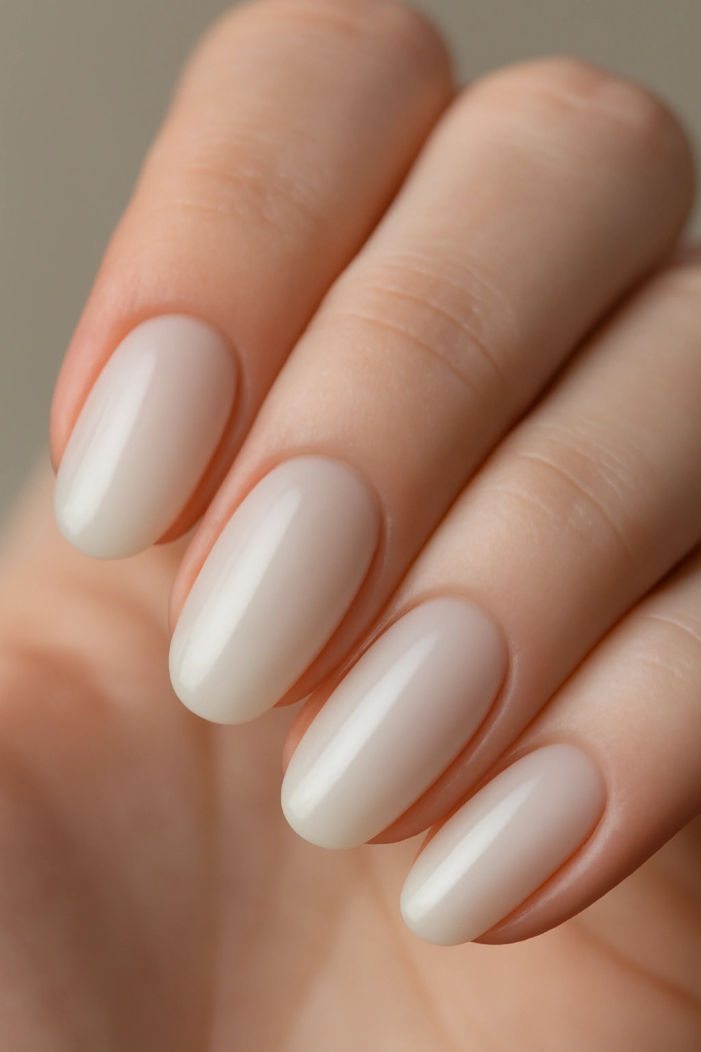 Close-up of milky white nails with a sheer glow on a neutral background