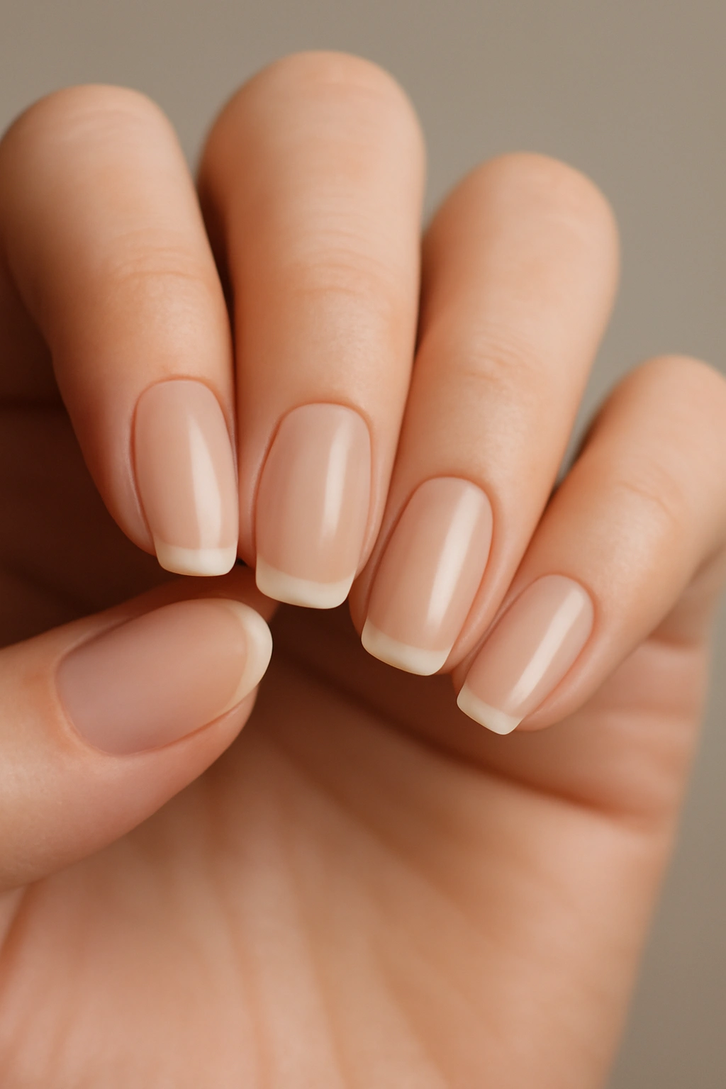 Close-up of hands with nude french tip nails showing subtle tip contrast