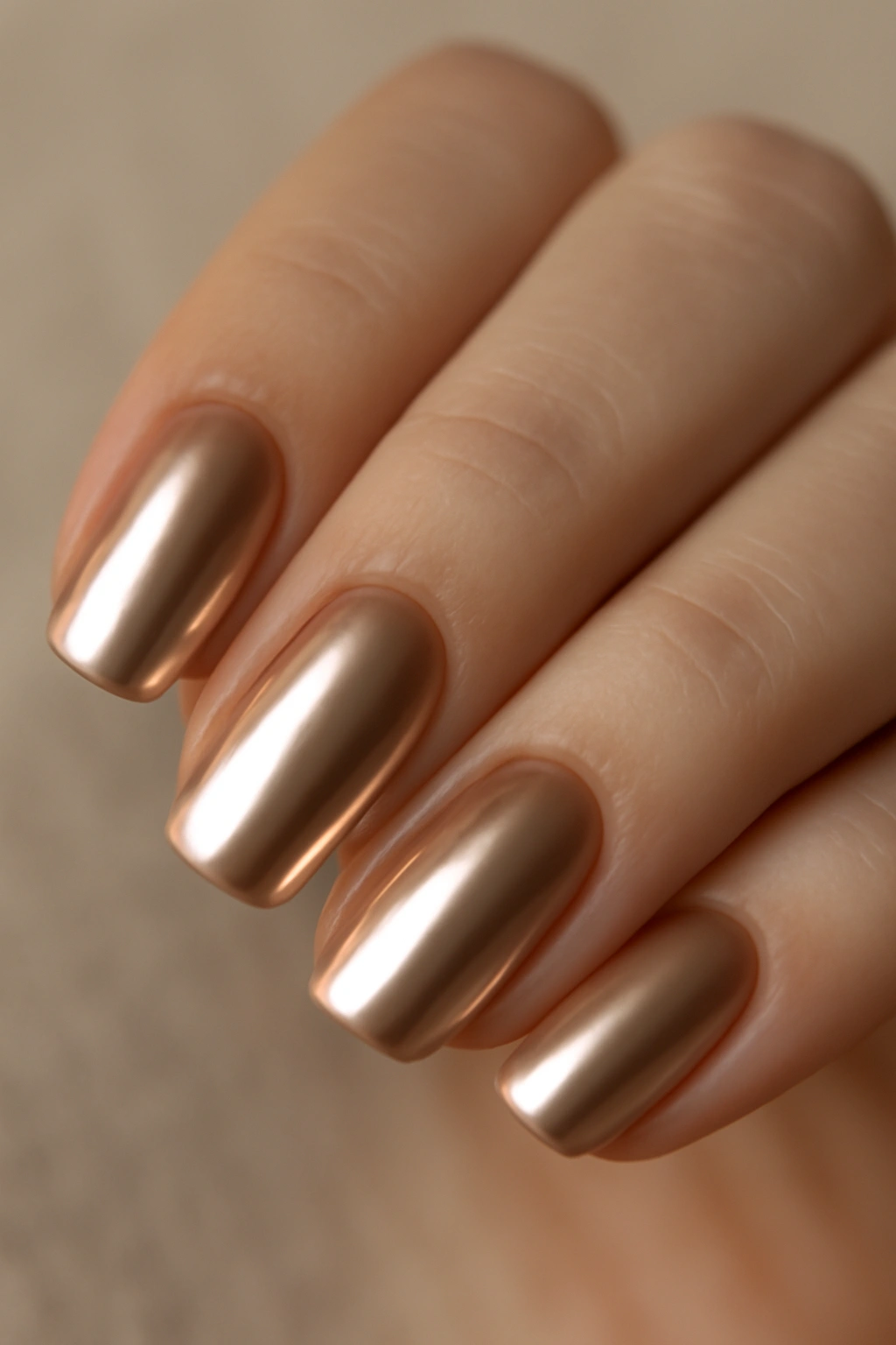 Close-up of nude nails with chrome powder showing a mirror-like metallic finish