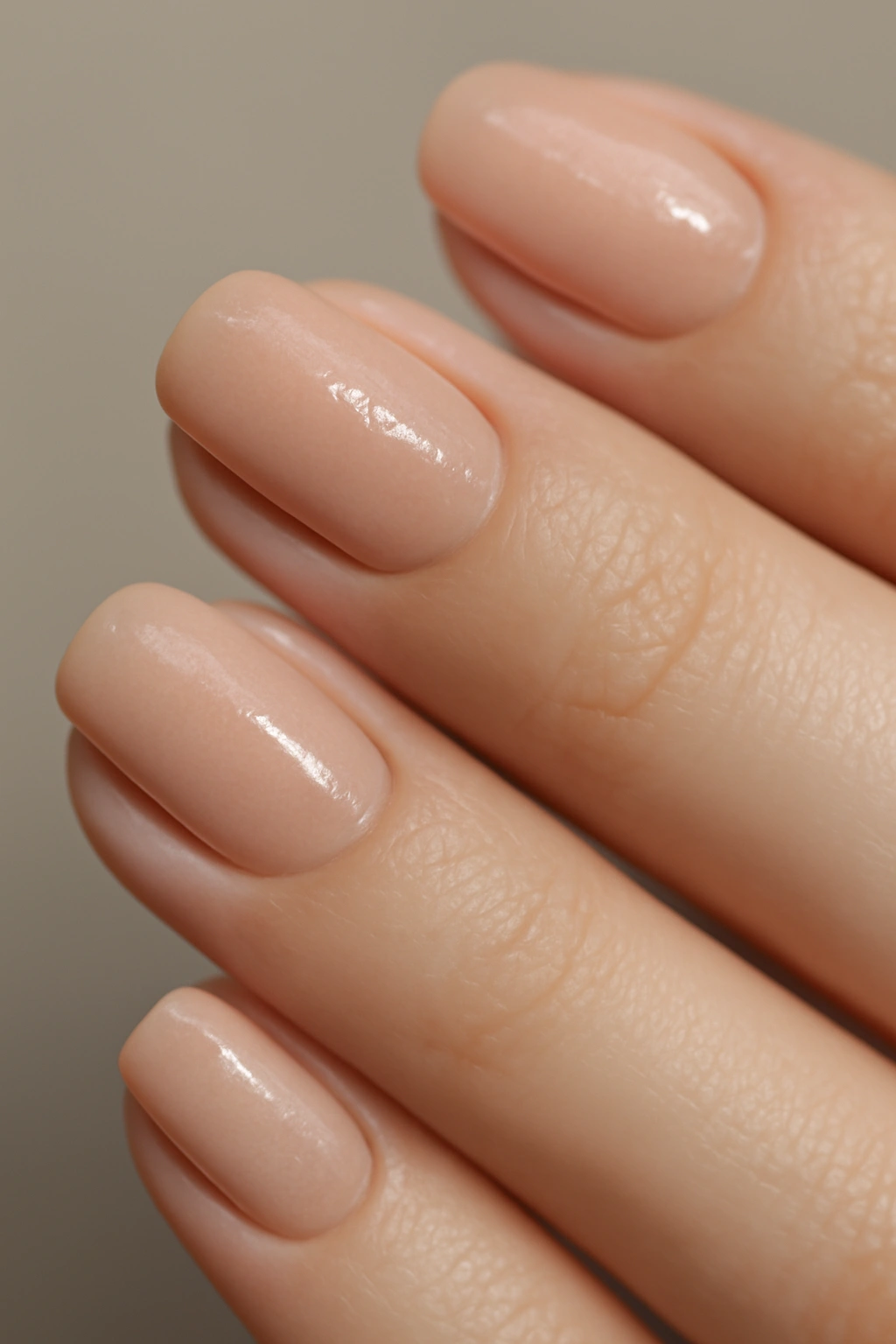Close-up of nude nails with subtle micro-shimmer on a natural nude base