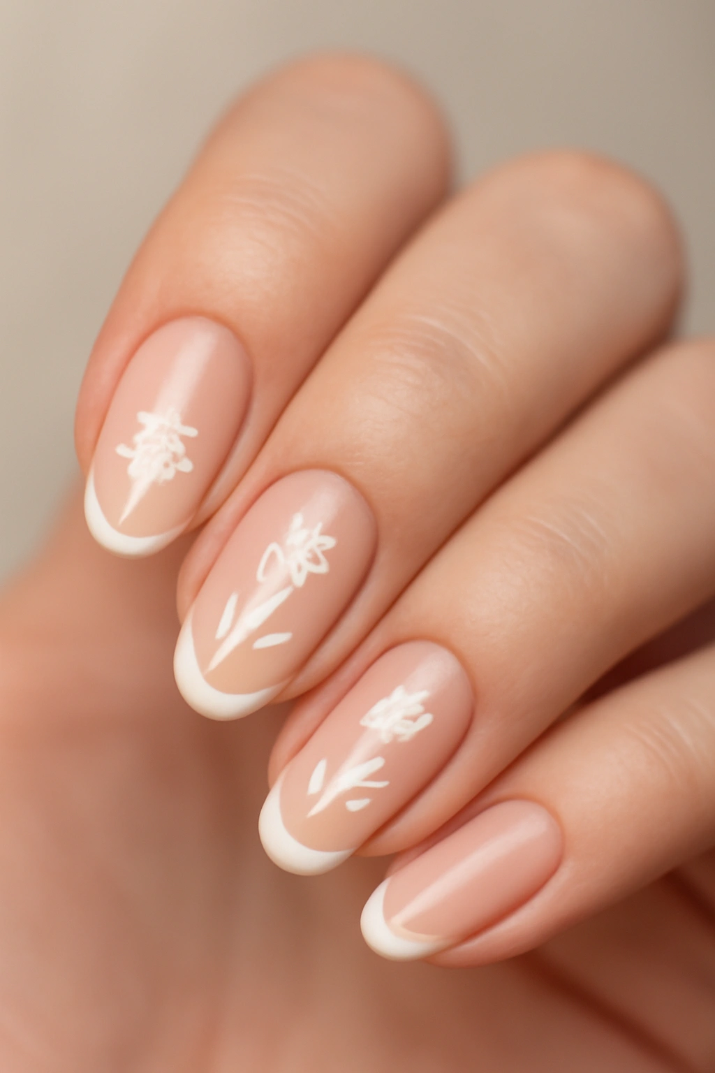 Close-up of nude nails with white nail art featuring delicate floral designs on a neutral background