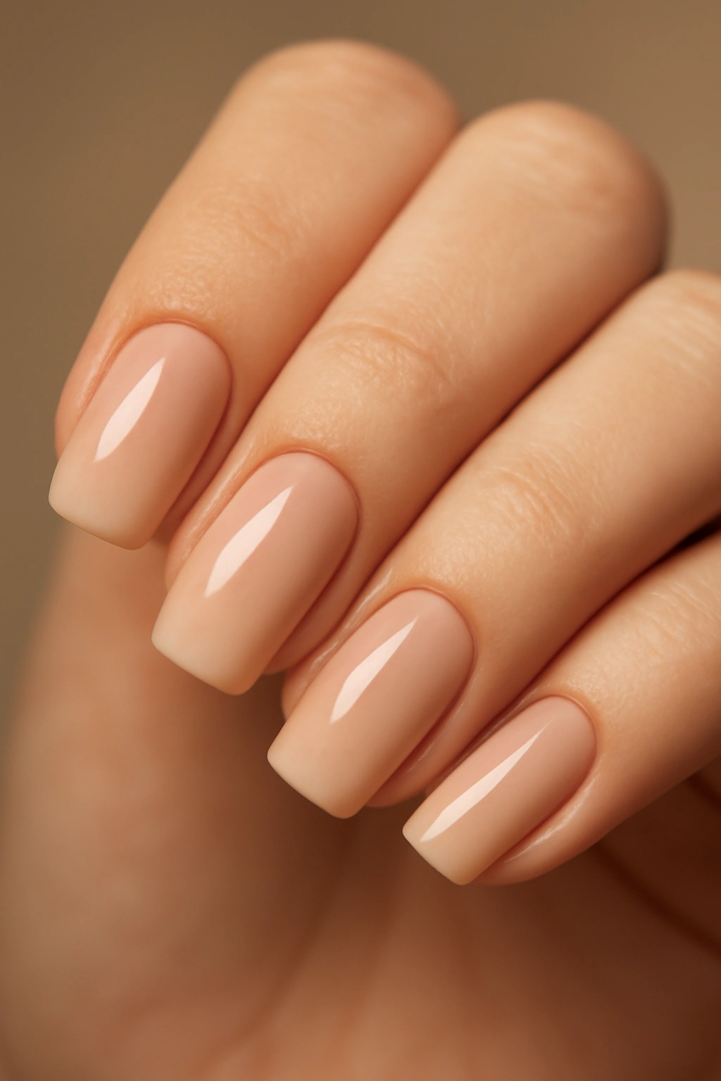 Close-up of hands showing nude ombre nails with a soft gradient
