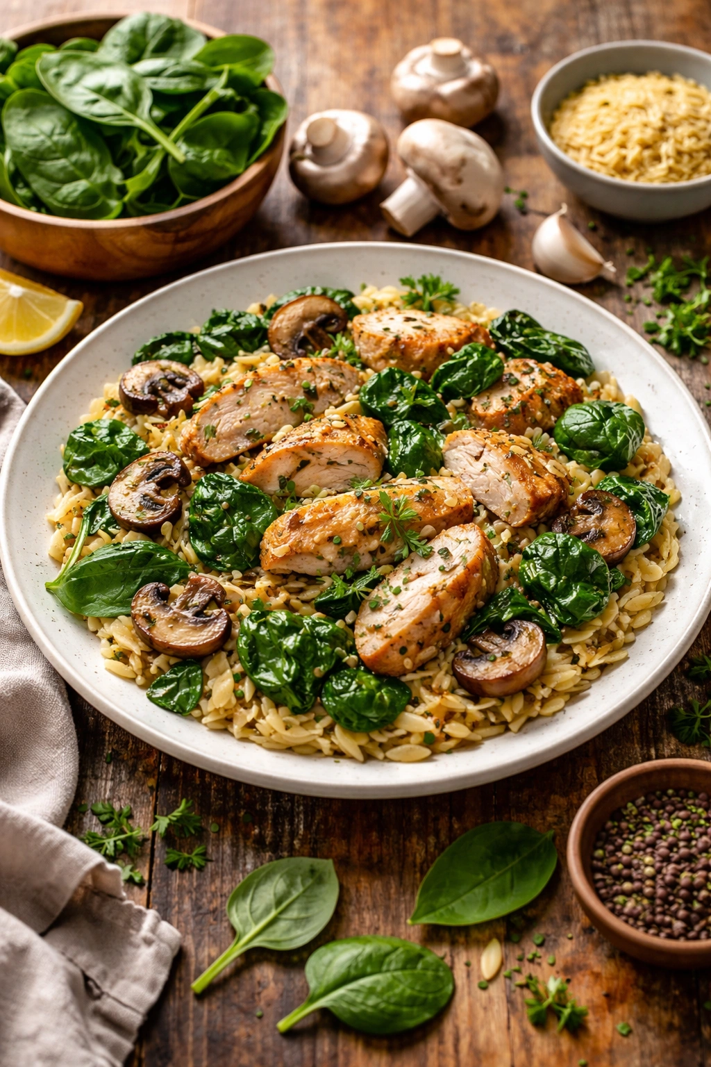 Plate of spinach, chicken, mushrooms, and orzo highlighting nutrition