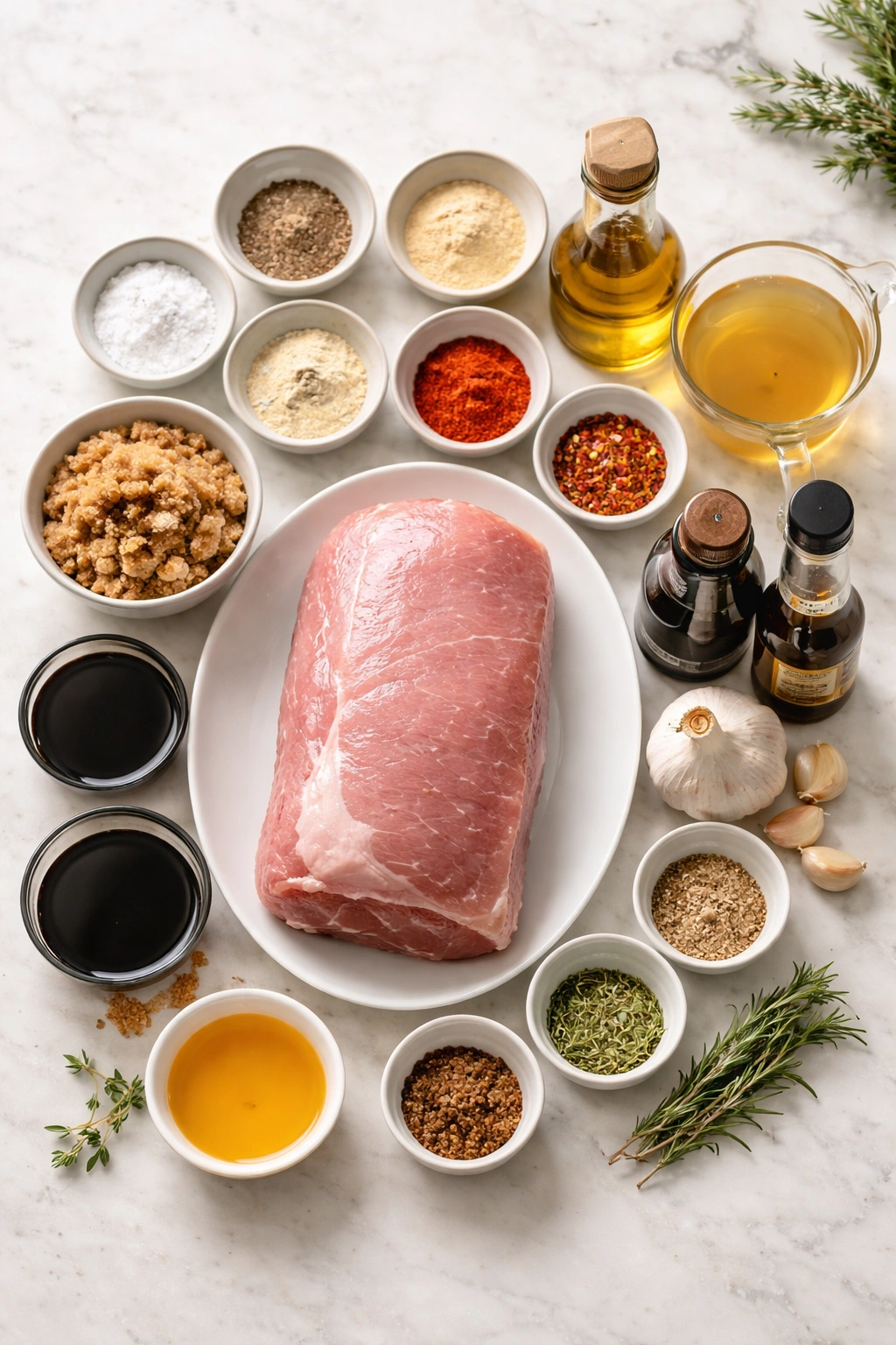 Overhead view of pork and spice ingredients laid out for slow cooker recipe