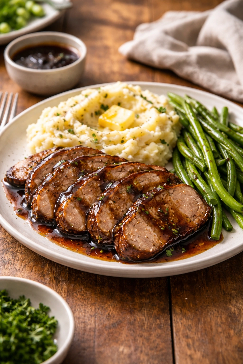 Plated pork with glaze and mashed potatoes with green beans