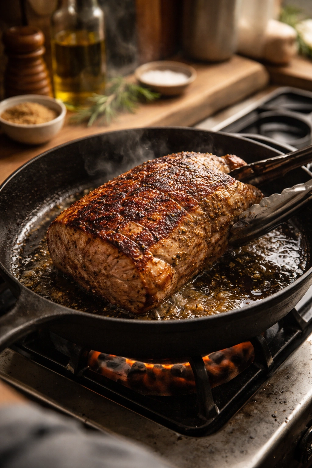 Pork roast searing in skillet to create crust