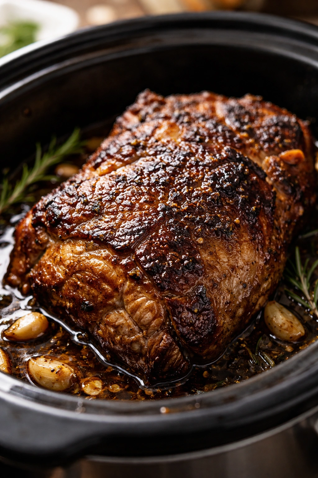 Macro shot of pork crust showing sear and texture