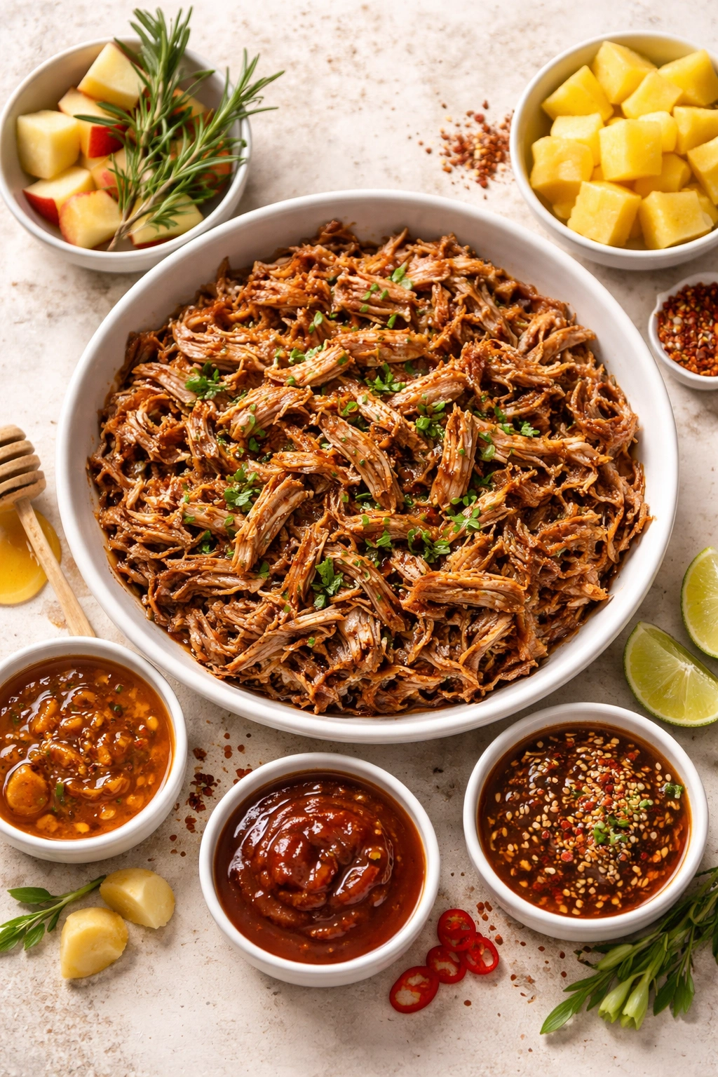 Shredded pork with three glaze accents in a shallow bowl
