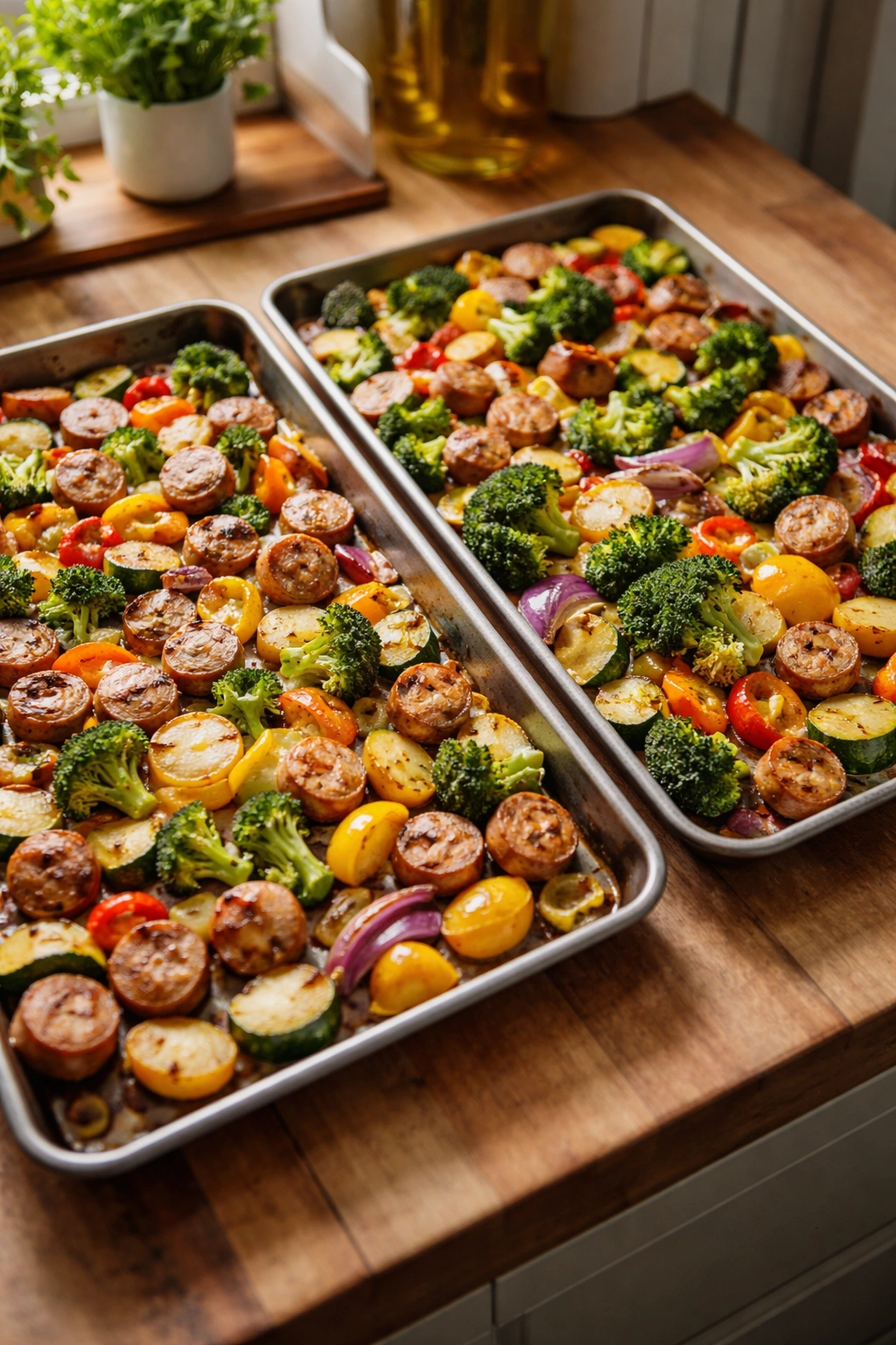 Two sheet pans with evenly spread sausage and vegetables