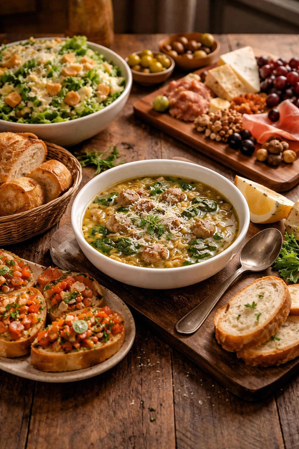 Table setting with Italian Wedding Soup and sides including bread, salad, bruschetta, and cheese board