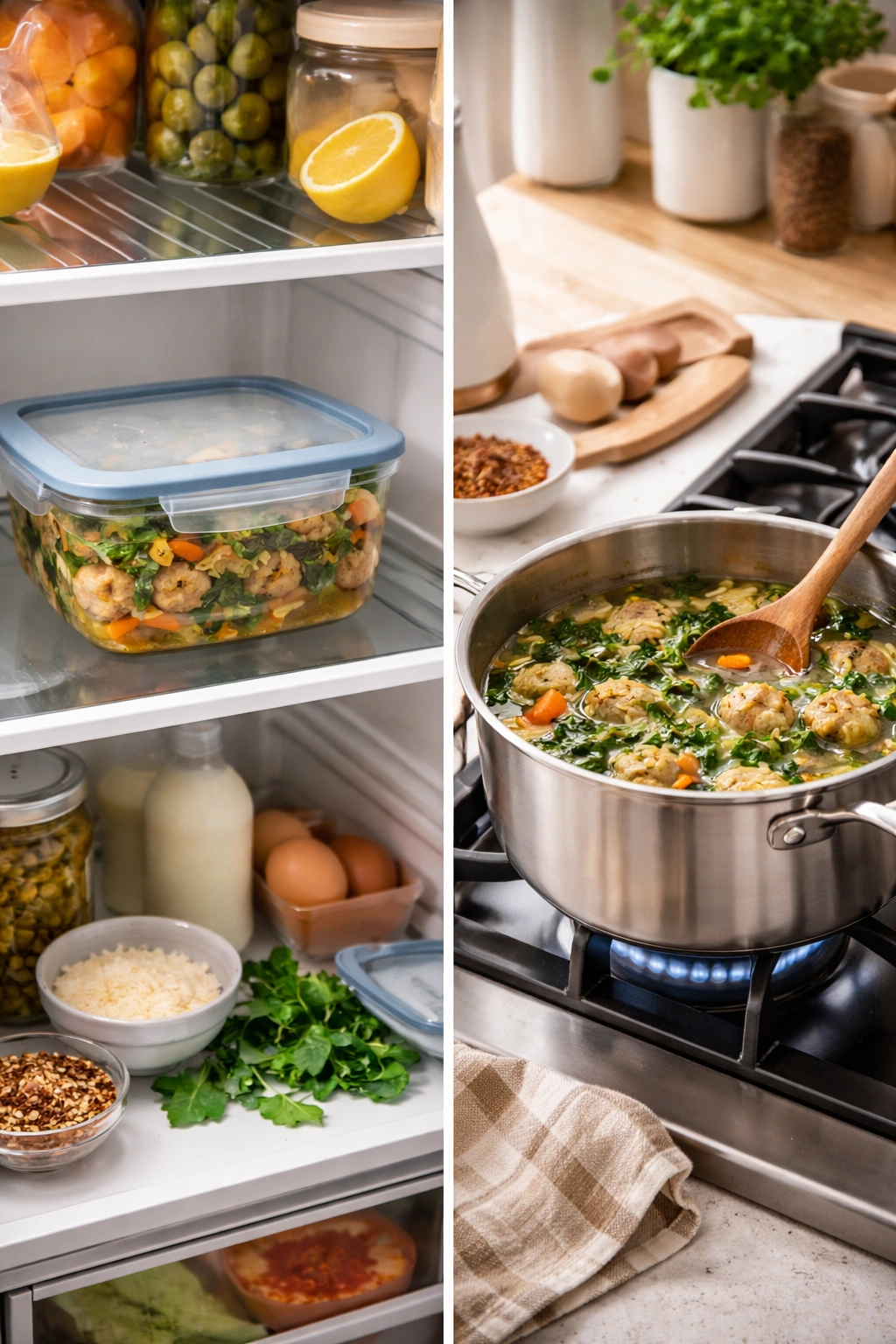 Container of Italian Wedding Soup in fridge and a pot on the stove for reheating