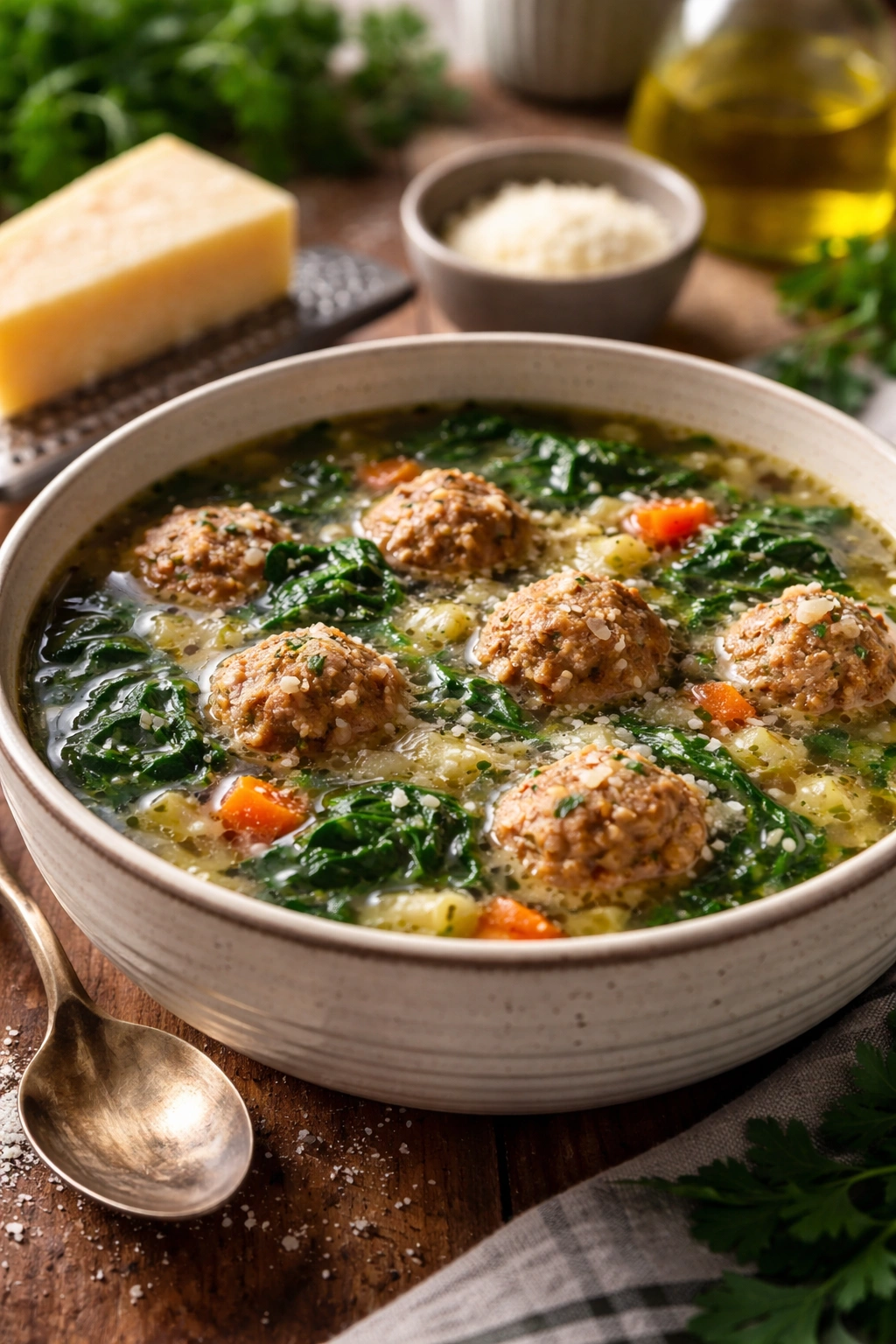 Steaming bowl of Italian Wedding Soup with visible greens and meatballs