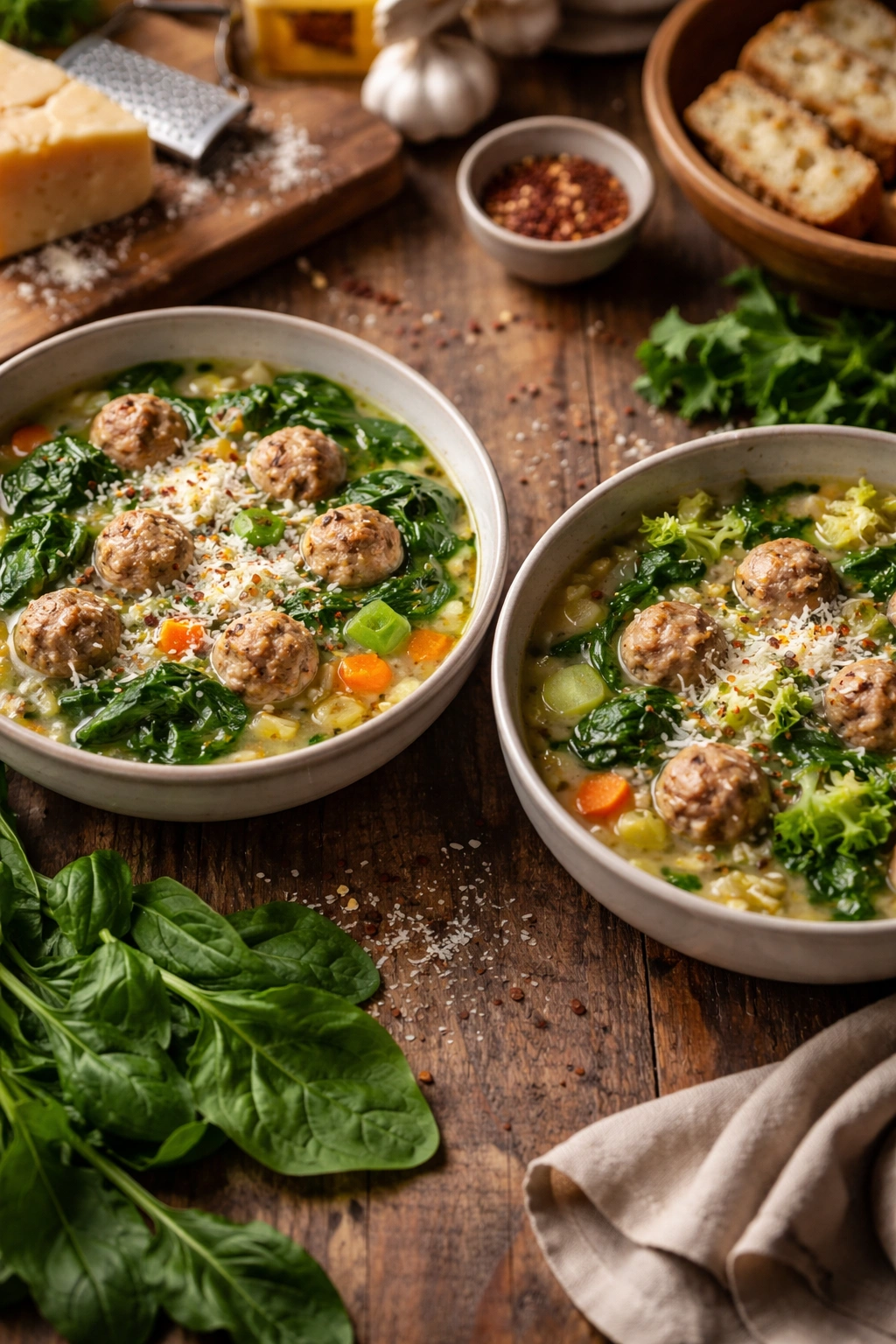 Two bowls of Italian Wedding Soup with different greens (spinach and escarole)