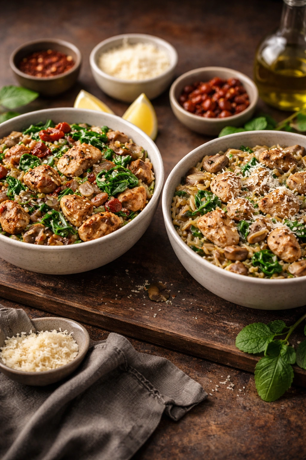 Two variations of Spinach Mushroom Orzo With Chicken plated side by side