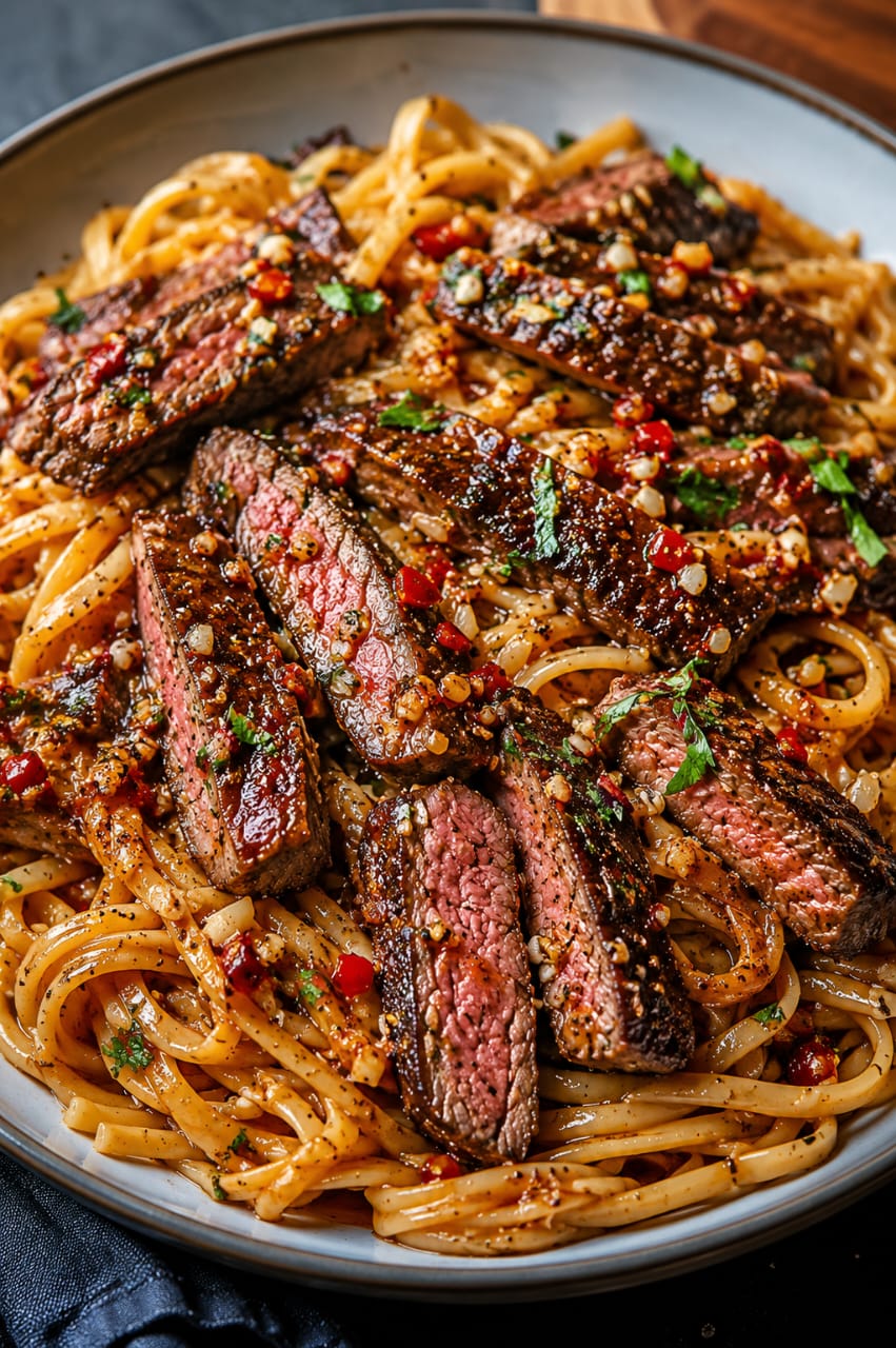 Sweet And Spicy Garlic Steak Pasta