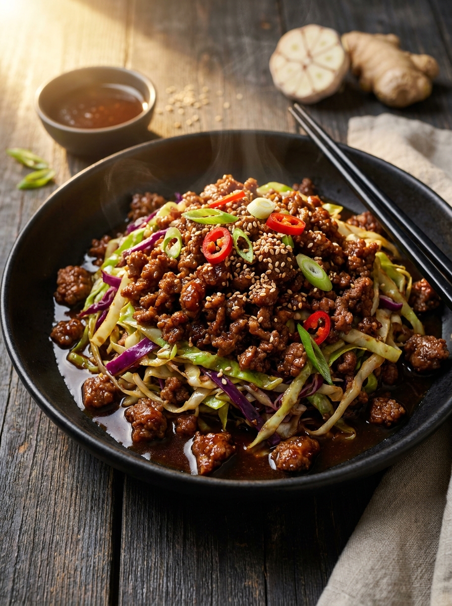 Low Carb Mongolian Ground Beef And Cabbage